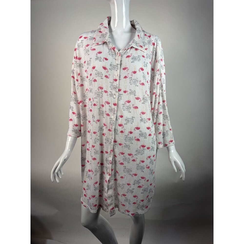 Flamingo Print Button-Up Nightshirt By I. Appel XL Polyester/Spandex Blend Made - Picture 8 of 16